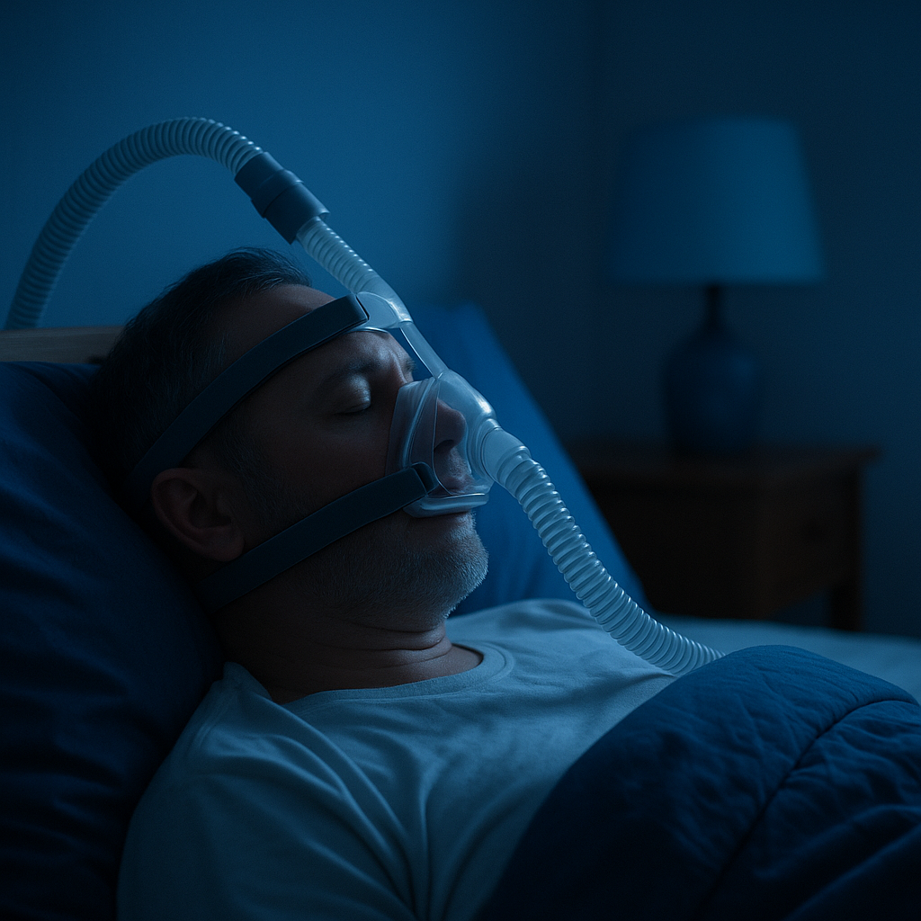 Das Bild zeigt eine ruhige, nächtliche Schlafszene mit einem CPAP-Gerät und vermittelt die Atmosphäre von Erleichterung und Achtsamkeit.