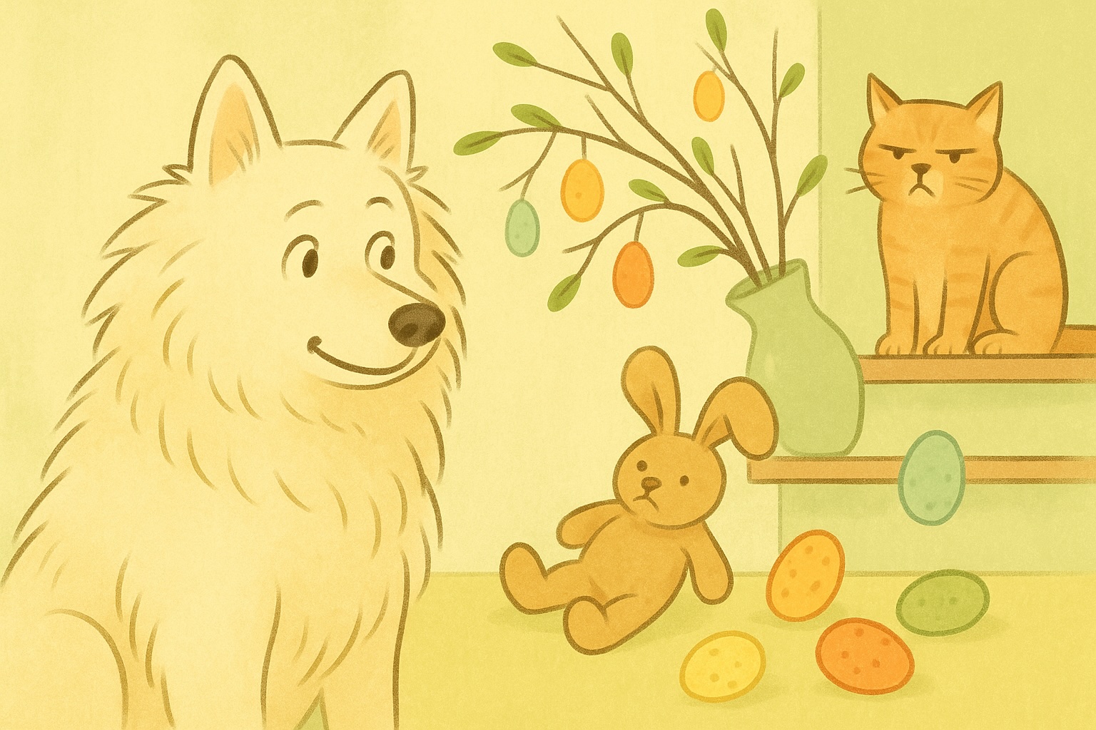 Motiv: Ein neugieriger Hund (Großspitz) schaut schräg zur Seite auf eine überladene Osterdekoration – mit heruntergefallenen Eiern, einem zerknautschten Plüschhasen und einer beleidigt dreinblickenden Katze auf einem Regal. Der Hund wirkt verunsichert oder leicht schmunzelnd, während im Hintergrund ein Osterstrauß chaotisch aus einer Vase kippt. Stil: Humorvoll, comicartig, weich gezeichnet, in freundlichen Frühlingsfarben (Pastell, Beige, Hellgrün, Gelb).
