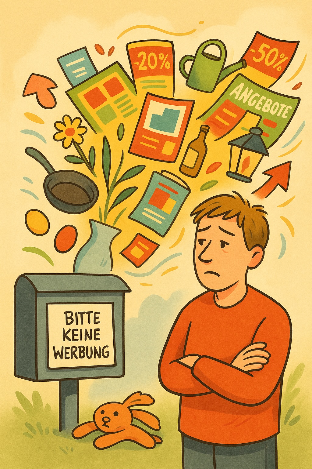 Ein Briefkasten mit einem schiefen Schild „Bitte keine Werbung“. Davor steht eine Person mit melancholischem Blick, während hinter ihr ein bunter Strom aus flatternden Prospekten, Angeboten, Gartendeko, Pfannen und Rabattschildern vorbeizieht – fast wie ein verlockender Traum, der an ihr vorbeirauscht. Stil: Satirisch-humorvoll, leicht überzeichnet im Comicstil, fröhlich-bunte Farben (Rot, Gelb, Grün, Pastellblau) – Kontrast zwischen grauer Realität (Briefkasten) und bunter Konsumwelt.