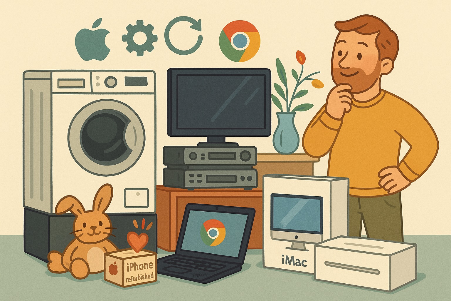 Motiv: Ein Technik-Enthusiast steht vor einem chaotisch-liebevoll inszenierten Haufen Geräte: Waschmaschine, Hi-Fi-Turm, Fernseher, iMac-Karton, MacBook-Box, ein gebrauchtes ThinkPad mit Chrome-Logo, und ein kleiner duftender iPhone-Karton mit Herzchen. Darüber schweben stilisierte Symbole: Apfel (Apple), Zahnrad (Technik), Pfeil in Kreis (Refurbished), Chrome-Logo. Stil: Verspielte, comicartige Illustration mit warmem Grundton (Beige, Hellblau, Grautöne, bunte Akzente für Marken). Freundlich, technikaffin, nicht überladen. Keine Texte im Bild.