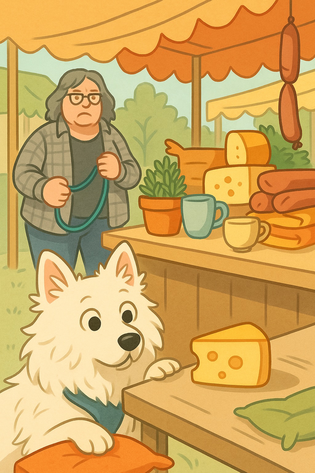Motiv: Ein charmant-chaotischer Marktstand mit buntem Angebot: Kräuter, Tassen, Käse, Decken, Wurst. Im Vordergrund ein neugieriger Hund (z. B. mittelgroß, wuschelig) mit gespitzten Ohren und großen Augen, der mit der Nase gerade so über einen Tischrand schaut – an dem ein Stück Käse liegt. Im Hintergrund ein leicht genervter Mensch mit Leine in der Hand. Ein weiteres Kissen liegt am Boden, darauf eine zufriedene Hundepfote. Stil: Comicartig, freundlich und weich gezeichnet, helle Marktfarben (Pastellgrün, Gelb, Beige, Orange), verspielter, leicht ironischer Ton.