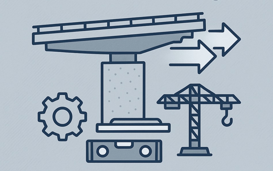 Eine stilisierte, massive Autobahnbrücke auf riesigen Pfeilern, die sich sichtbar zur Seite schiebt – vielleicht mit Bewegungspfeilen und Teflonplatten darunter. Daneben Technik-Icons (Zahnrad, Kran, Laser-Wasserwaage o. ä.). Stil: Technisch-modern, clean – evtl. mit kühlem Farbton (Blau/Grau) und klaren Linien.