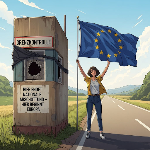 Neben einem alten Grenzposten steht eine junge Frau auf einer offenen Straße und hält die europäische Fahne hoch.