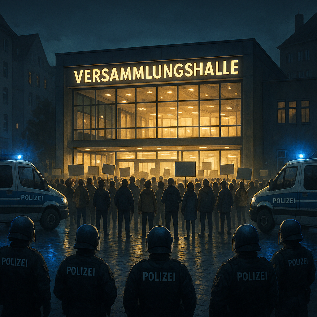 Symbolbild einer Versammlungshalle mit Demonstranten und Polizeikräften